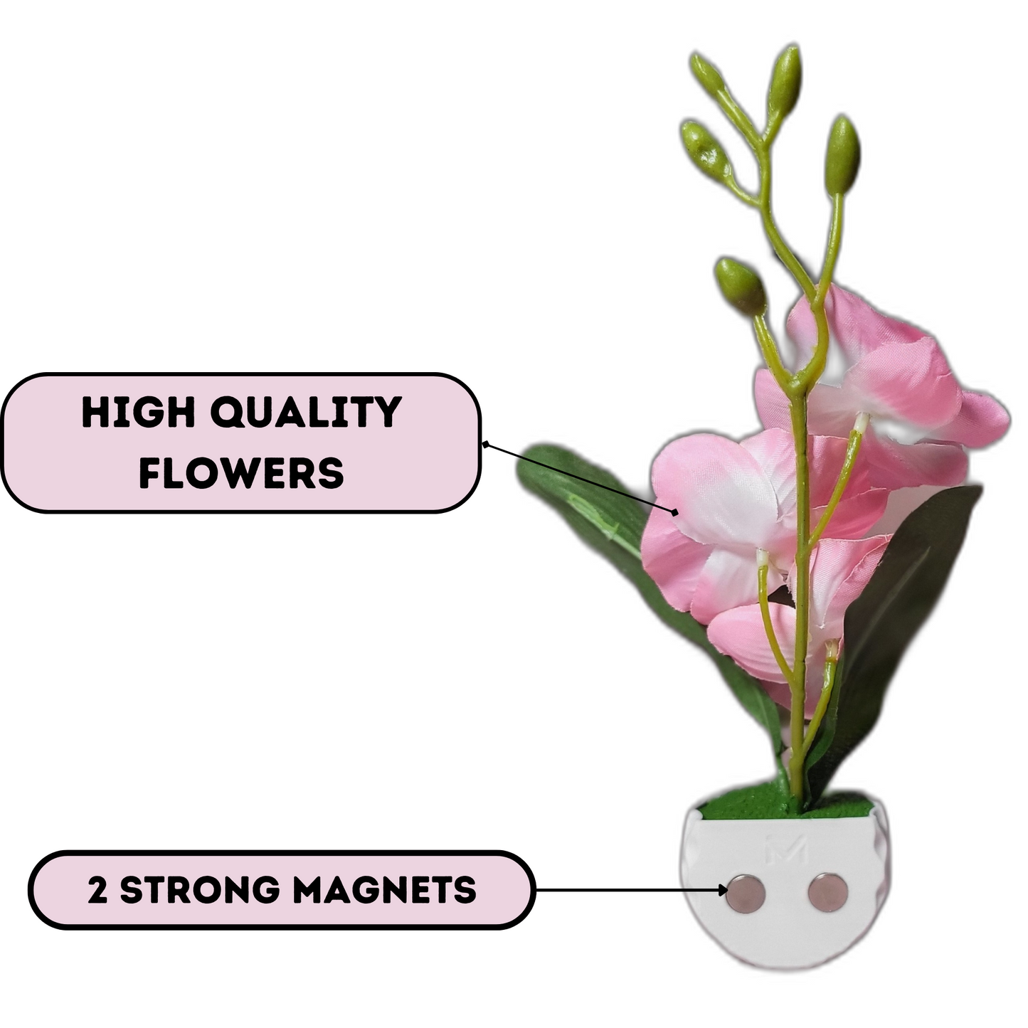 3D Printed Fridge Magnet Flower Pot with Artificial Flower and Creeper - Set of 2 (White Pot with Pink Flower)
