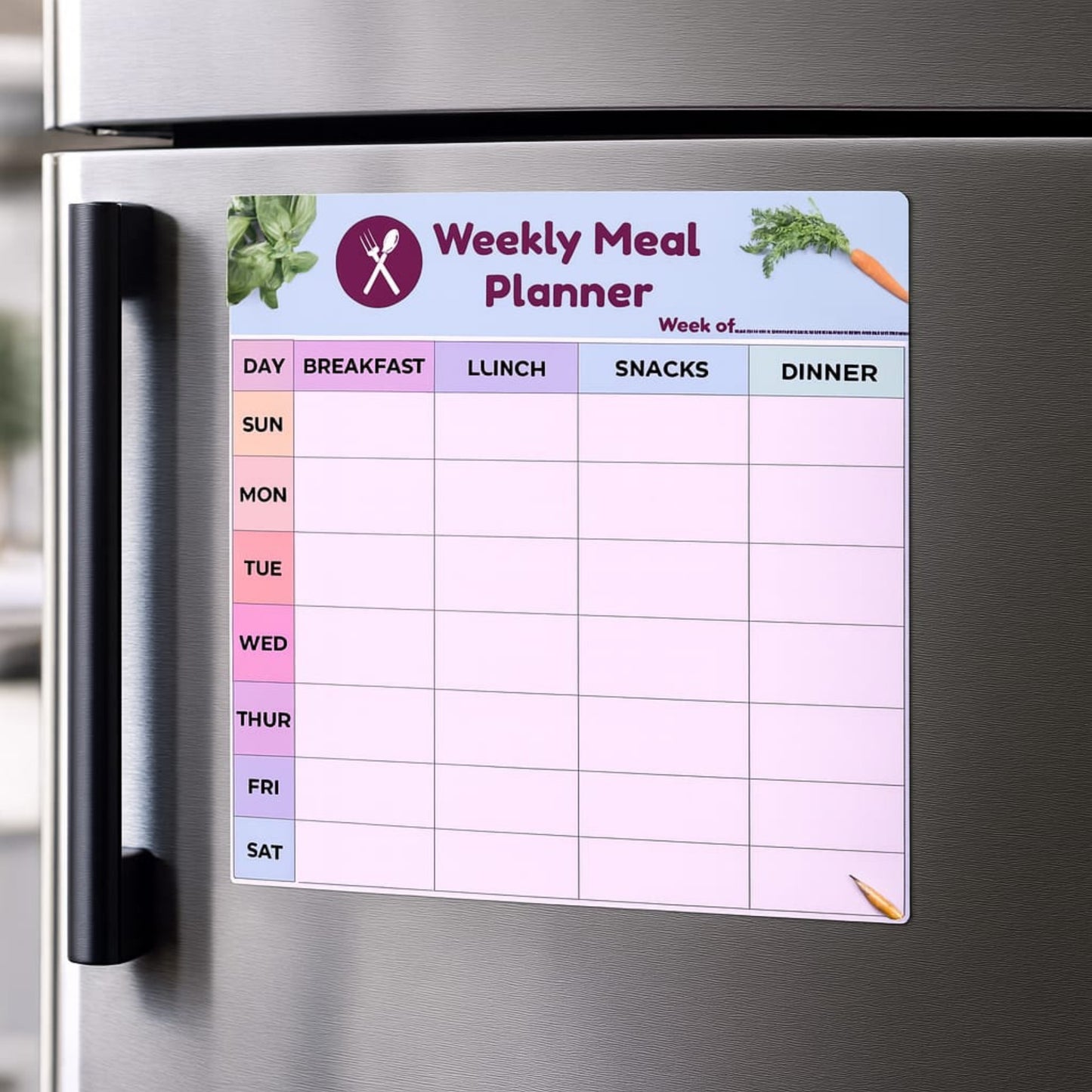 Magnetic Meal Planner Fridge Magnet | Weekly Meal Planner (Mon–Sun) | Breakfast, Lunch, Snacks & Dinner columns | Reusable Dry Erase surface withMarker and full back Magnet (12*12 Inches).