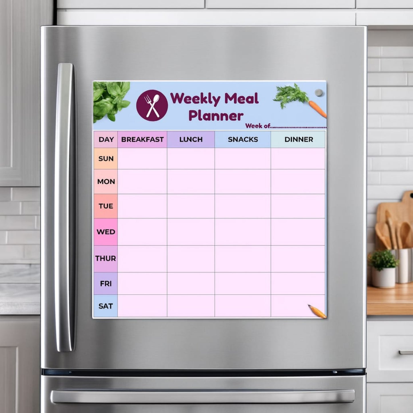 Magnetic Meal Planner Fridge Magnet | Weekly Meal Planner (Mon–Sun) | Breakfast, Lunch, Snacks & Dinner columns | Reusable Dry Erase surface withMarker and full back Magnet (12*12 Inches).