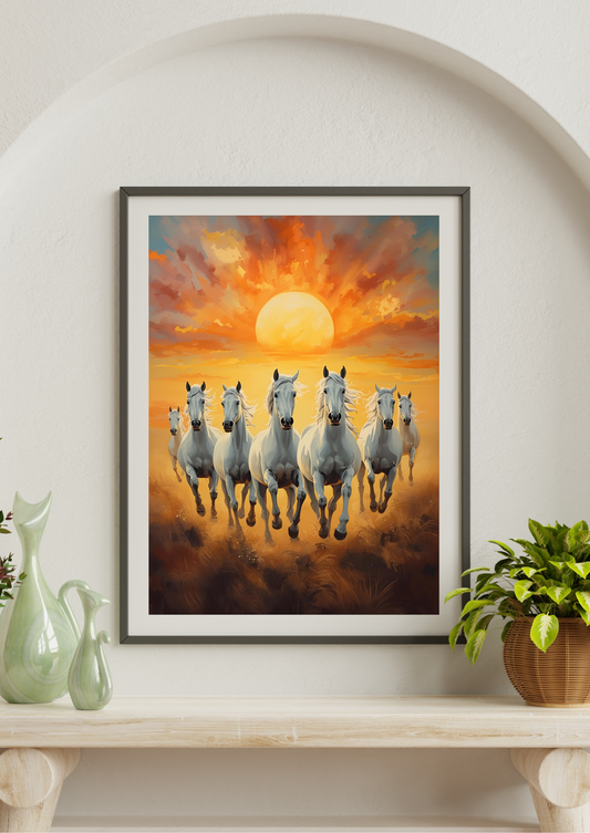 7 White Running Horses Vastu Painting with Risign sun for Good Luck, Success & Wealth | Seven Horse Wall Art Print for Home & Office Decor | Vastu Compliant | Perfect Gifting | Size - 11X14 inches