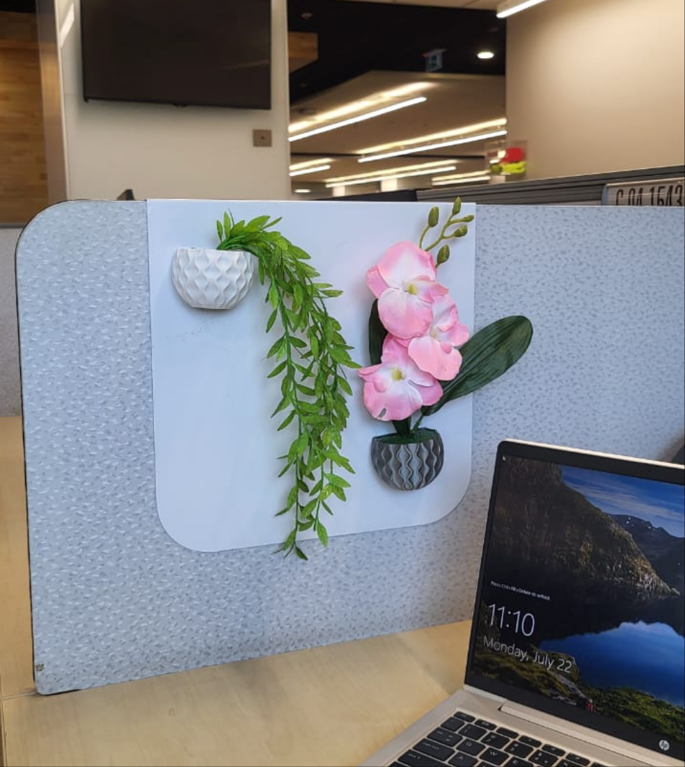 3D Printed Fridge Magnet Flower Pot with Artificial Flower and Creeper - Set of 2  (White and Gray Pink Flower)